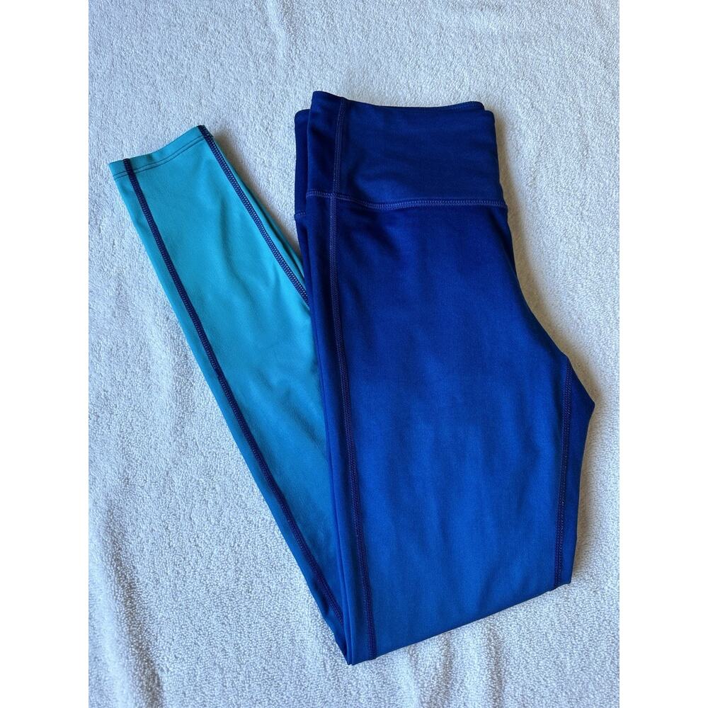 Athleta High Rise Ombré Blue Teal Ankle Leggings Logo Accent Size S